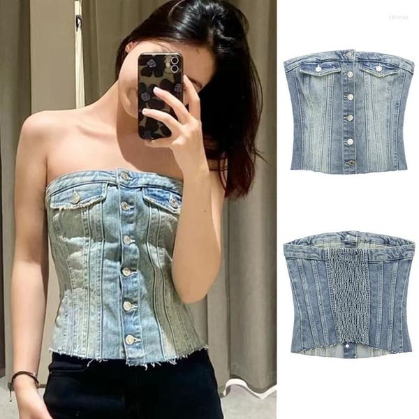 Débardeurs pour femmes COS LRIS Printemps Vêtements pour femmes Retro Old Sexy Off-the-shoulder Bretelles Boucle-décoré Slim Denim Jacket 6045/010