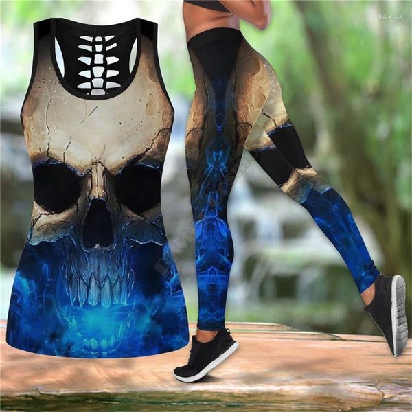 Débardeurs pour femmes Crazy Skull Combo Outfit Leggings Et Évider Débardeur Costume Sexy Yoga Fitness Doux Legging D'été Femmes Pour Fille