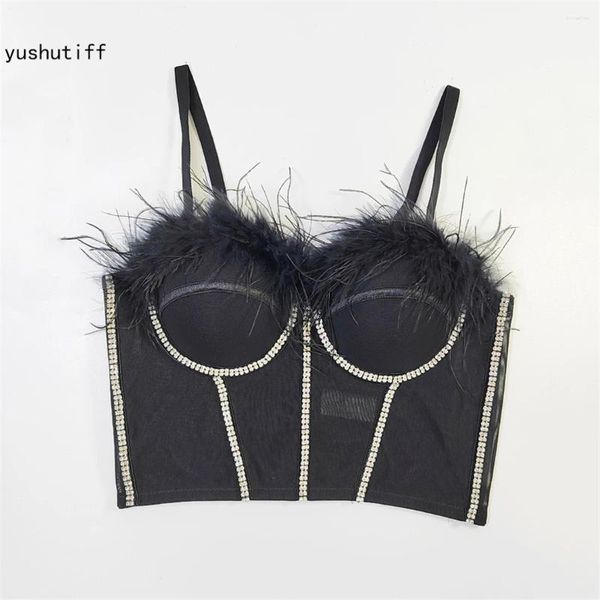 Débardeurs pour femmes Crop Top Mode Discothèque Strass Plume Corset Soutien-gorge Coquette Vêtements Rave Bustier Femme Summer Party Gilets sans manches