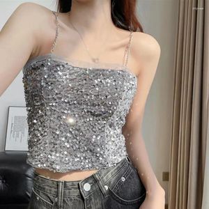 Tanks pour femmes Top Top Summer Version coréenne Sequin Slim Sexy Fashion Expose nombril avec poitrine Tank sans manches