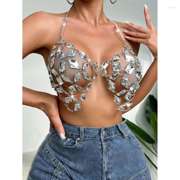 Camisetas sin mangas de cristal para mujer, sujetadores sexis con cuello Halter y espalda descubierta, cadena en el pecho para fiesta, club nocturno, joyería para el cuerpo, Top corto, camisola