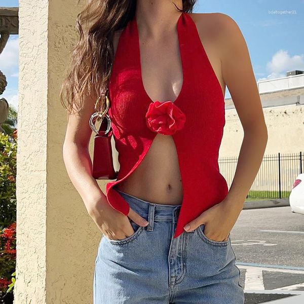 Tanques de mujer Cutubly Red Floral Y2K Tops para mujeres Halter con cuello en V Chaleco sin espalda sexy Top Ropa de punto Ropa de calle Rave Chic Club Party