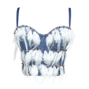 Débardeurs pour femmes Camisoles en denim pour femmes avec soutien-gorge intégré Jeans Blanc Plume Bustier Corset Crop Top À Porter High Street Party Club