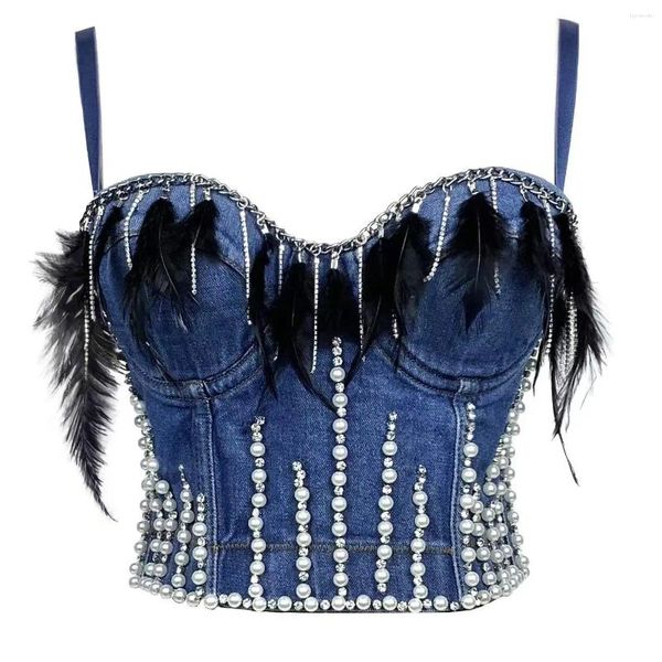 Débardeurs pour femmes Camisoles en denim pour femmes avec soutien-gorge intégré Jeans Plume noire Bustier Corset Crop Top à porter High Street Party Club