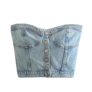 Femmes Débardeurs Denim Poitrine Crop Débardeur Sans Bretelles Femmes Sexy Simple Poitrine Bouton Tube Corset D'été Dames Bleu Plis Taille Haute Wrap