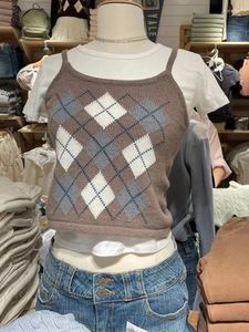 Tanks Femmes Diamant Plaid Tricot Débardeurs Femmes Été Marron Coton Sans Manches Style Preppy Camis Vêtements Vintage Doux Mignon Slim Crop Top