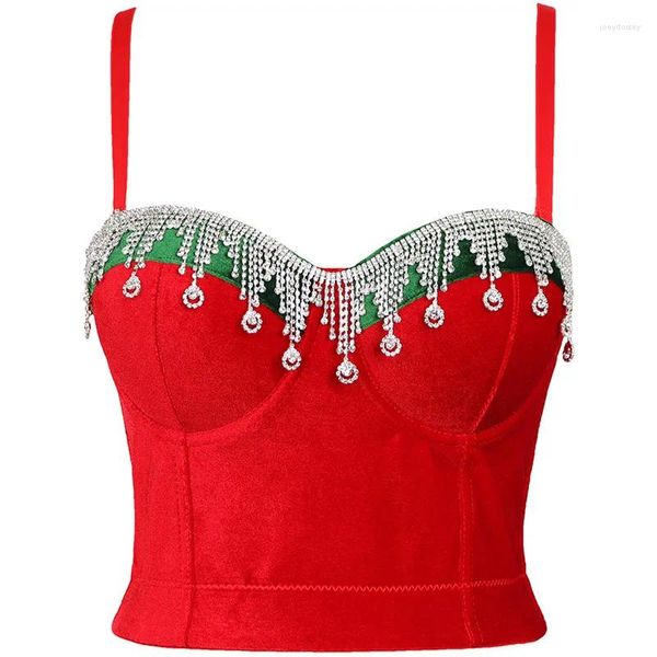 Tanques de mujer cuentas de diamantes 2024 Navidad Push Up Bra Night Club Bralette chaleco rojo recortado Top corsé fiesta Rinestone Bralet