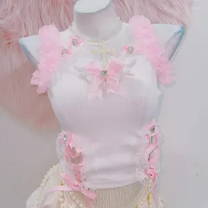 Damestanks e meisje kleding roze cross tanktops y2k crop top harajuku mode schattig lolitatank kawaii