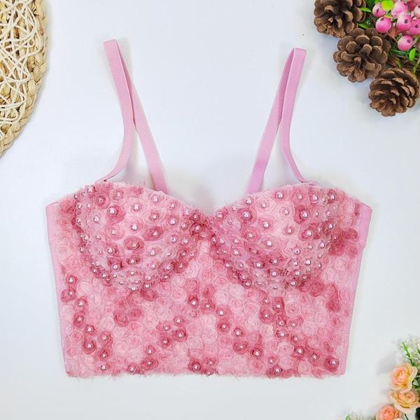 Tanques de mujer Camis de encaje elegante Mujer Verano Tupe Top Cambio de color Flor 3D Perlas Sujetador de espina de pescado rosa Tops de playa Ropa informal alta Corselet