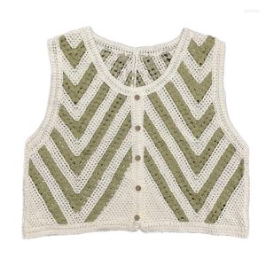 Damestanks Elegant gestreepte gebreide vest vrouwen knopen knoop crop tops haak los mouwloze vest camis voor zomer herfst dagelijks