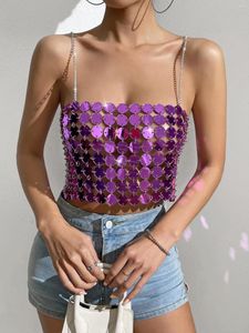 Tanks pour femmes Européenne Sexy Acrylique Camis Chemise courte Tops 2023 Violet Paillettes Perles Creux Out Soutien-Gorge Chaîne Gilet Danse Spectacle Corps