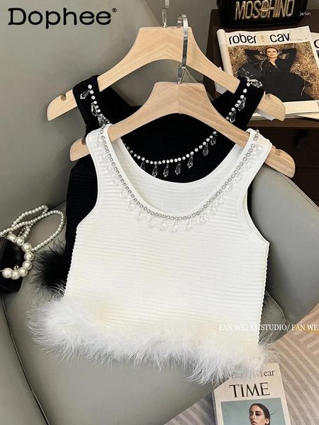 Débardeurs pour femmes Exquis Strass Couture Plume Tricoté Camisole Femmes Summer Design Sense Français Slim Fit Minceur Gilet Noir Top