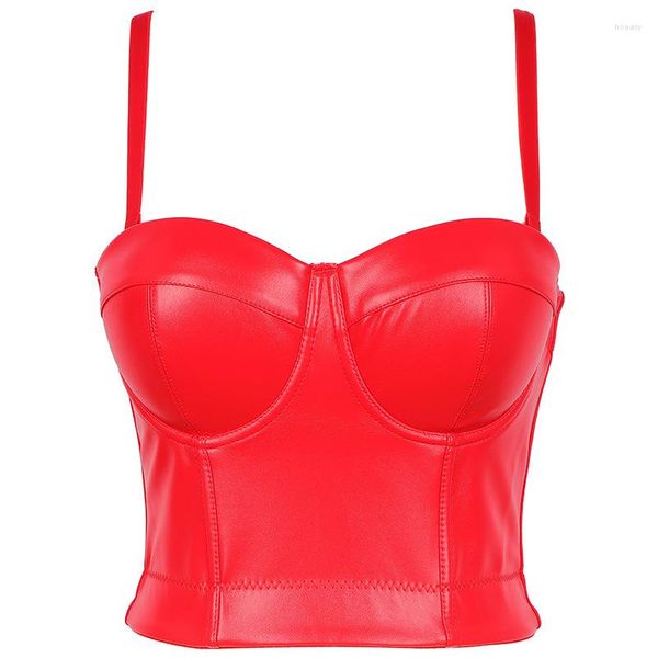 Débardeurs pour femmes Mode 2023 Est Femmes Hauts PU Noir Rouge Jazz Hip-Hop Bar Copain Enveloppé Costume Crop Top Banquet Discothèque Femme Soutien-Gorge Gilet