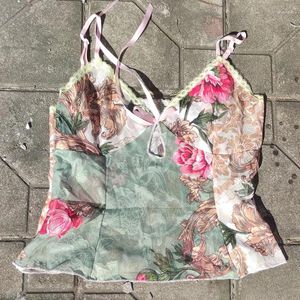 Débardeurs pour femmes Fashion Fairy Coquette Mesh Sheer Camisole Floral Print Tie Up V Neck Crop Tops Kawaii Lace Trim Tank Y2K Holiday Vest