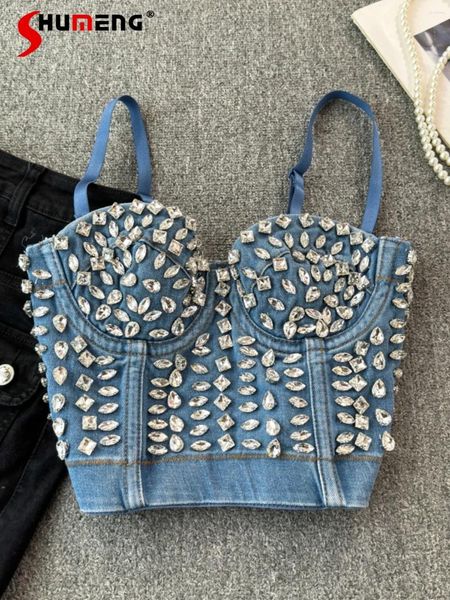 Tanques de mujer Moda High Street Sexy Ropa interior Tube Top Diamond Denim Chaleco 2024 Verano Ropa exterior Slim Sin mangas Fishbone Tops