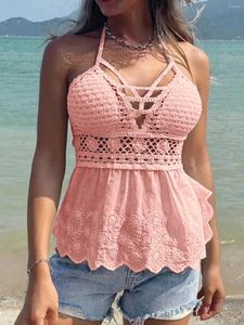 Dames Tanktop Modieus Halter Tie Hemdje Lace-up Cami Top Gehaakt Gebreid Schelpzoom Zomer Mouwloos Shirt Open Rug Camis Wit