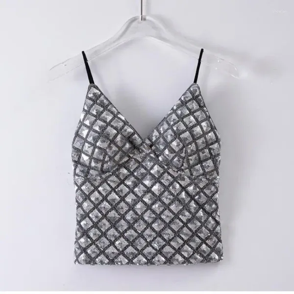 Débardeurs pour femmes Mode Coréenne Diamant Paillettes Avec Auto-rembourré Poitrine Sangle Gilet Sexy Col En V Crop Tops Slim Fit Femmes Été