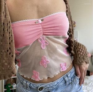 Débardeurs pour femmes Fashion Pattern Mesh Sheer Patchwork Crop Tops 2000s Retro Cutest Pink Bretelles Camis Fairy Y2K Chest Wrap Backless Tube