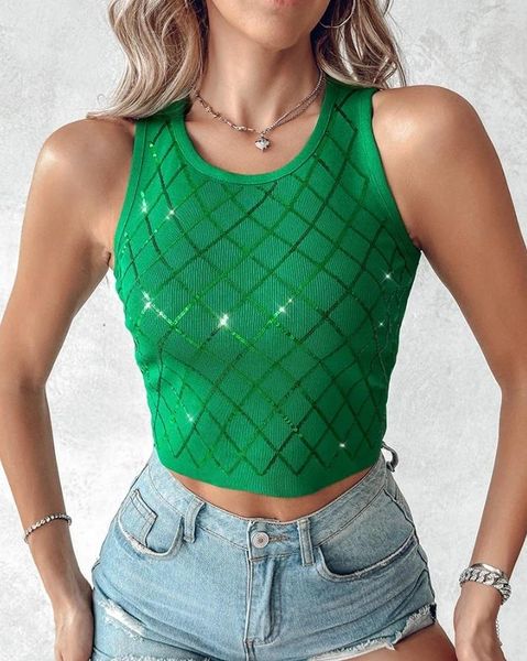 Débardeur en tricot à paillettes contrastées pour femmes, haut Sexy à motif Argyle, col rond, sans manches, slim, à la mode, printemps/été 2024