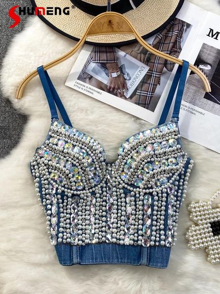 Débardeurs pour femmes Mode Sous-vêtements sexy Tube Top Diamant Perlé Denim Camisole Vêtements d'extérieur Fishbone Tops Sans Manches Vêtements Exquis