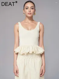 Tanks pour femmes Fashion Short Tops Up-cou sans manches Slim Flounced Spliced Cotton Zipper T-shirt 2024 TIDE 7AB4057