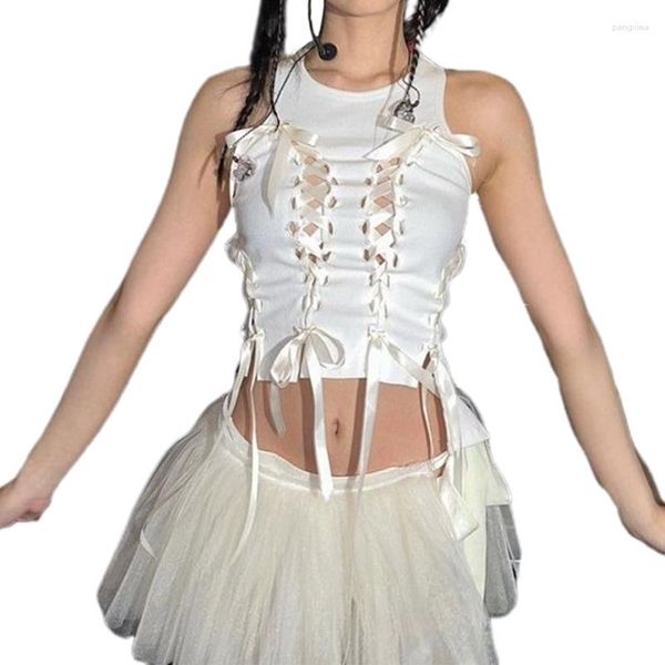 Tanques de mujer Chaleco de moda Tops Street Bows Tie Hollows Sin mangas Cuello redondo Especias K-pops Girl Group Estilo para Sexys