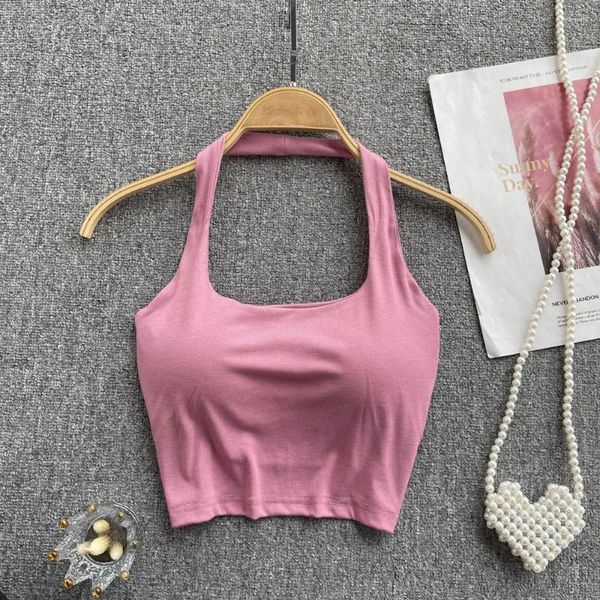 Débardeurs pour femmes Yoga sportif féminin Camis en coton élastique Doux Col carré Halter Rose Crop Top Hors épaule Corset dos nu avec coussinet de poitrine