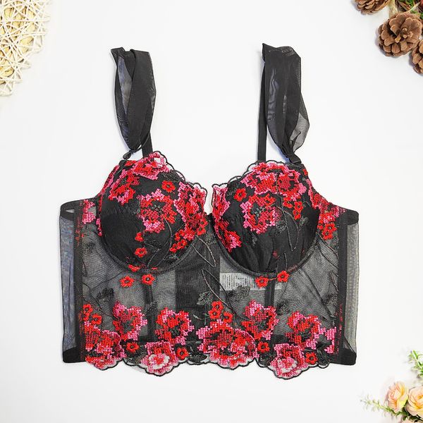 Débardeurs pour femmes, haut en arête de poisson, broderie Rose, soutien-gorge Floral, Sexy, grand licou