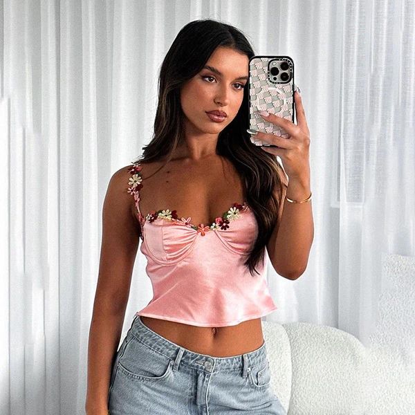 Tanques de mujer Borde de encaje floral Halter Chaleco Mujeres Slim Sexy Showy Breast Satin Soft Crop Top Verano Casual Street Spice Girl Tops cortos Sling