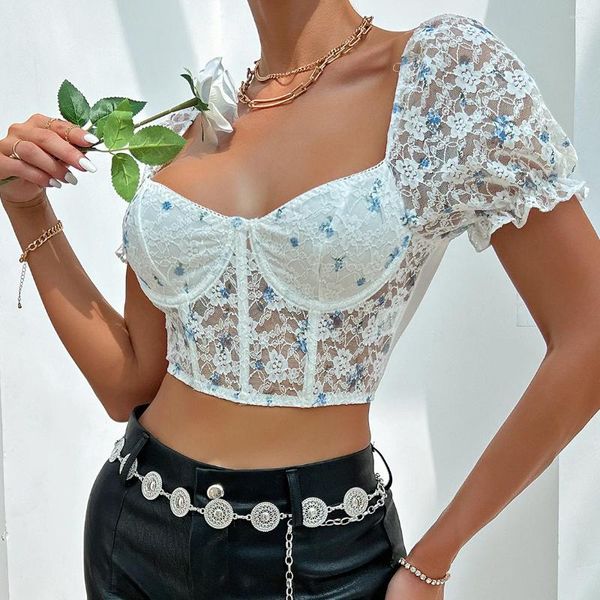 Débardeur Floral à manches courtes pour femmes, haut court à nouer dans le dos, épaules dénudées, chemisier Bardot, Sexy, élégant, Corset, tenue de soirée, Clubwear