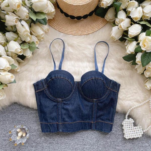 Débardeurs pour femmes Foamlina Vintage Denim Corset Bustier Top Femmes Mode Été Bleu Sangle Réglable Sans Manches Slim Sexy Club Cropped Camis