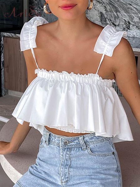 Débardeurs pour femmes Frill Smocked Tank Tops Womans Camis Vacation Outfit Mignon 2 Pièce Crop Top Blanc Femme Vêtements Été 2023 ANDYVE2344