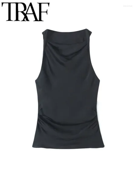 Tanks de femmes Gal Mujer noir mince satin mince A-line ruched sans manches décontractée top femelle élégante camis y2k 2024 été