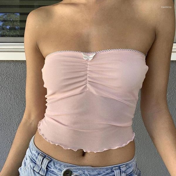 Tanks pour femmes gaono mignon fille en maille transparente tops tops sexy slim fit top y2k fairycore rétro sans bretelles camisole plies poitrine enveloppe