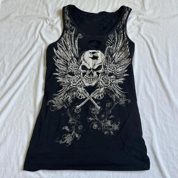 Camisetas sin mangas para mujer Gaono Cyber Grunge Y2K Chaleco sin mangas con estampado de ala de calavera de los años 00 Camisetas sin mangas con encaje emo japonés Top corto sin espalda para mujer