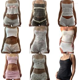 Damestanks Gaono Fairycore Aesthetic Retro Print Outfits 2 -delige set Sweet Girl Cute Crop Tops Camisole Vest Shorts Women Y2K
