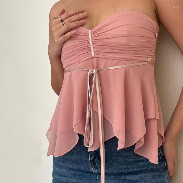 Tanques de mujer Gaono Sweet Pink Ruched Halter Tank Top Elegante Lace Up Backless Slim Mujeres Tops Summer Streetwear Camisola sin mangas de corte bajo