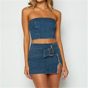 Gaono Femmes Été Denim Jupes Tenues Couleur Unie Col Bateau Bustier Wrap Poitrine Crop Tube Tops Emballé Hanche Jupe 2 Pièce