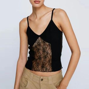 Damen Tanks Gaono Y2k Frauen Sommer Crop Camisole Sheer Lace Patchwork Spaghetti Strap Tank Tops Ärmelloses T-Shirt für Streetwear Clubwear