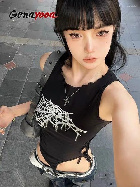 Tanques de mujer Genayooa Retro Punk Tank Tops Mujeres Sin mangas Lace Up Crop Y2K Imprimir Vendaje Verano E Girls Black Camis Tee