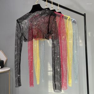 Damestanks Girl Summer Party T-stukken Netboor gekleurde diamant halfgesneden zonnebrandcrème Tops vrouwen met lange mouwen Vest nachtclub sexy korte top