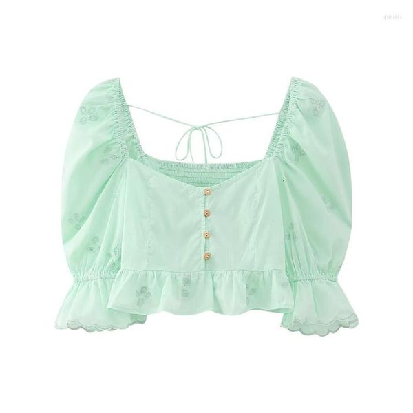 Femmes réservoirs filles mignon menthe vert manches bouffantes chemise courte 2023 été femme douce broderie évider chemises mince élastique culture hauts