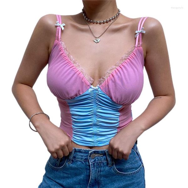 Tanks de femmes filles été sexy col en v camisole dames mode couleur correspondant dentelle épissage sans manches midriff-baring top pour datation shoppin