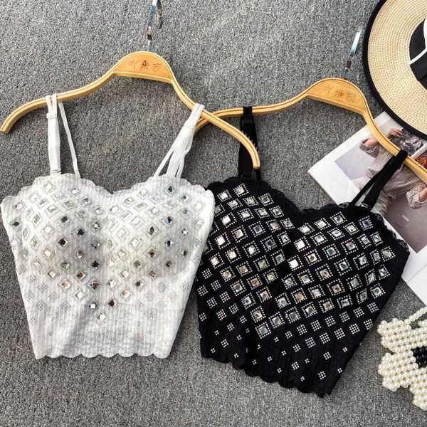 Tanques de mujer Glitter Crystal Mujeres Poliéster Spandex Crop Top Spaghatti Correa Bustier Gasa Corsé Bralette Negro Blanco Ves corto Verano