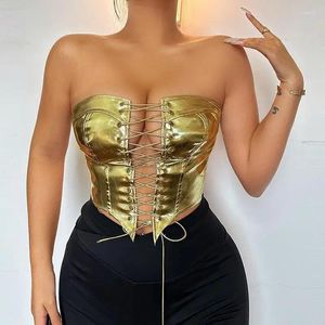 Tanks de femmes Gold Sexy Criss Cross Lace Up Bodycon Cropped Top Femmes 2024 Fashion Irrégul Club Party Sans manches Camis Camis