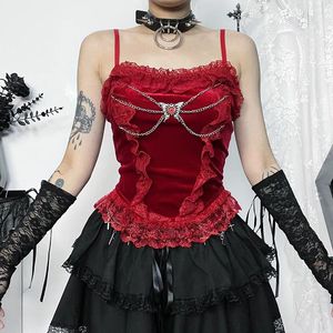 Damestanks Goth Dark Harajuku Gothic Lace Ruffles Trim Camis E-Girl Grunge Sexy Velvet Emo Chain Crop Tops vrouwelijke Backless Streetwear