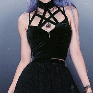 Débardeurs pour femmes Goth Pentagram Black Camis Y2k Vintage Velvet Sexy Corset Tops Gothique Halter Dos Nu Évider Crop Basic Top