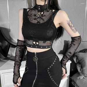 Tanks pour femmes Goth Skull Fishnet Mall Gothic Women Tops Grunge Aesthetic Punk Black Crop Top avec gant Emo Glants Vailes alternatives