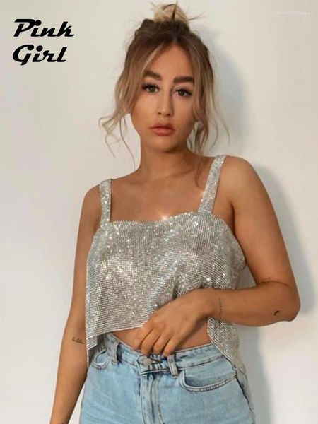 Débardeurs pour femmes Gothique Métallisé Glitter Crop Tops Femmes Festival de Musique Rave Tenues Discothèque Style Diamants Gilet Spice Girl Débardeur Dos Nu