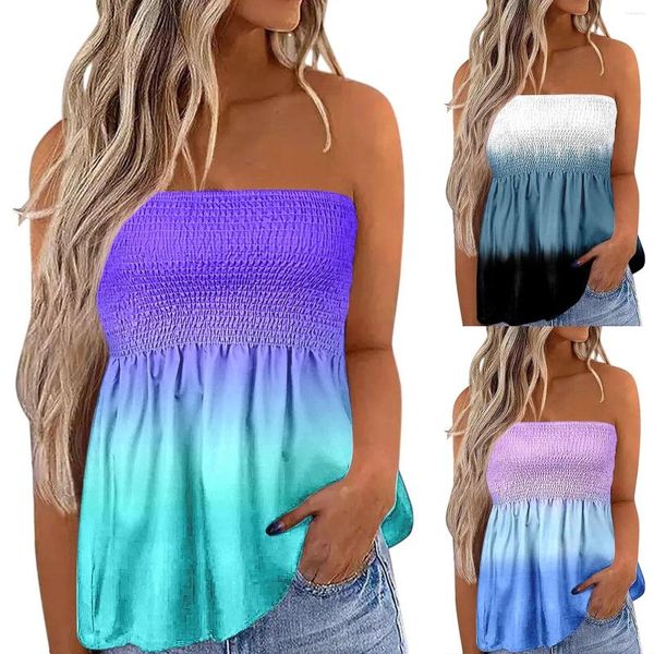 Tanques de mujer Camiseta de tubo con envoltura en el pecho elástica con gradiente Blusa con volantes plisada Bandeau Camisa bohemia Vacaciones de verano Camis con fruncido Tops